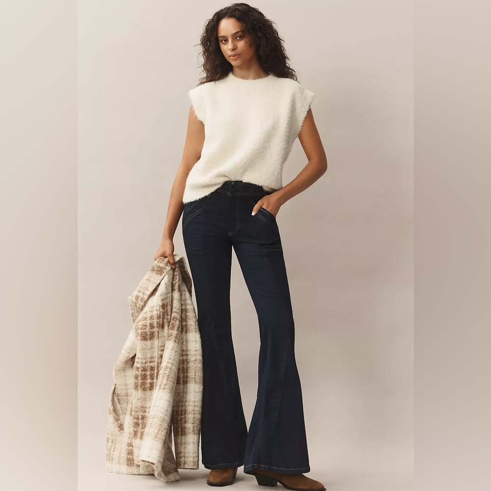 Pilcro Dark Blue Puddle Mid Rise Flare Jeans